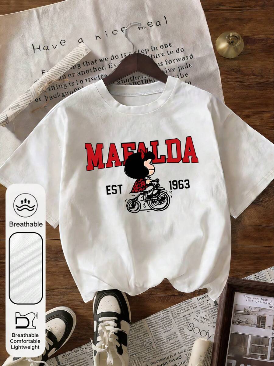 大码女式日常 1963 MAFALDA 纪念图案圆领短袖休闲夏季女式白色上衣 - 白色 - 查看 1