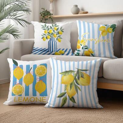 4 件套简约蓝条纹柠檬装饰枕套，单面印花，柔软桃绒面料，45*45 厘米，适用于房间装饰、室内沙发客厅装饰、派对装饰，装饰枕礼品