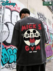 Disney Mickey Mouse Mick's Gym T-Shirt Men 100% Cotton Washed Vintage Double Sided Print Bodybuilding EST.1928 Graphic Tee Casual Short Sleeve Tops. - 黑色 - 查看 2