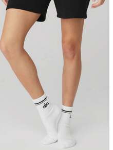 Alo Yoga Alo Unisex Half-Crew Throwback Sock - White and Black - View 2