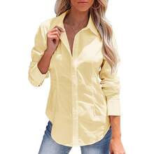 Women's Button-Up Shirt, Long-Sleeved, Solid Color, Versatile, Office-Style, Elegant Blouse - 黃色 - 查看 2
