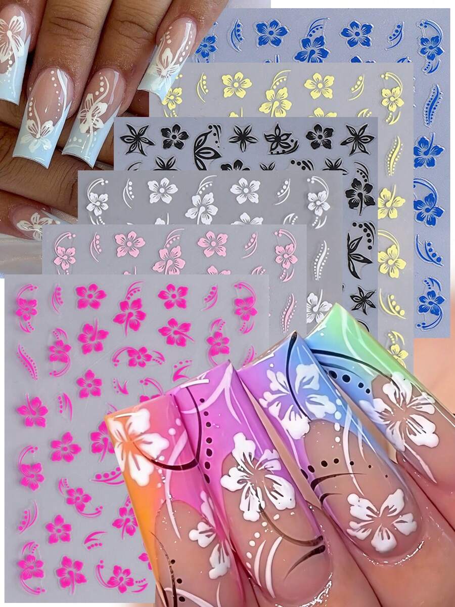 6入組 3D 夏威夷花卉美甲貼紙,朱槿花美甲貼花,DIY 熱帶花卉美甲貼紙,粉色、玫瑰紅、黃色、藍色、黑色、白色自黏式美甲裝飾,全息效果 - 彩色 - 查看 1