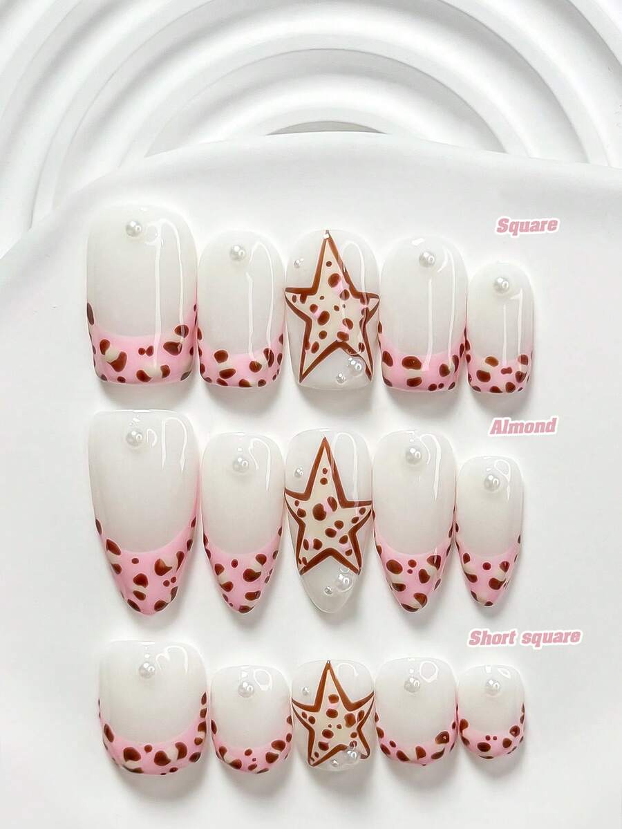 10片多巴胺風手工穿戴甲 Polygel 穿戴甲套組，手繪棕色斑點星星、粉色法式邊，粉色與棕色指甲油，活潑風格，含美甲工具，3種尺寸可選，方型、短方型、杏仁型，適合派對、舞蹈、日常配戴 - 彩色 - 查看 1
