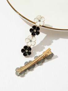 2 piezas Pinzas para el cabello con pequeñas flores y cristales de estilo minimalista y versátil, adecuadas para uso diario, pasadores, accesorios, verano, vacaciones, viajes - Blanco y Negro - Ver 2