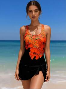 Women's Orange Floral Print Tankini Swimsuit With Black Skirt Cover Up, 2026 Summer Two Piece Bathing Suit Set - 亮橙色 - 查看 5