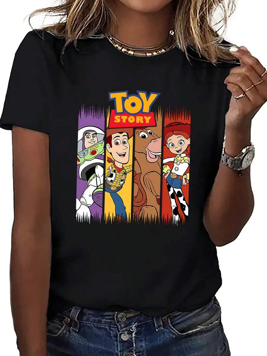 Disney Loose Version Toy Story Buzz Lightyear, Woody, Red Horse, And Cuisi Vertical TOY STORY Printed T-Shirt, Suitable For Summer And Spring, Short Sleeved Tops, Women's Clothing, Holiday Gift Party Clothing. - 黑色 - 查看 1