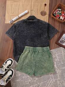 2pcs/Set Women's Cotton Summer Street Fashion Outfit, Korean Vintage Basic Commute Versatile Y2K Style, Suitable For Outdoor Leisure, Regular Niche Punk Purple Fitted Round Neck Short Sleeve Washed T-Shirt And Shorts - 多色 2 - 查看 2