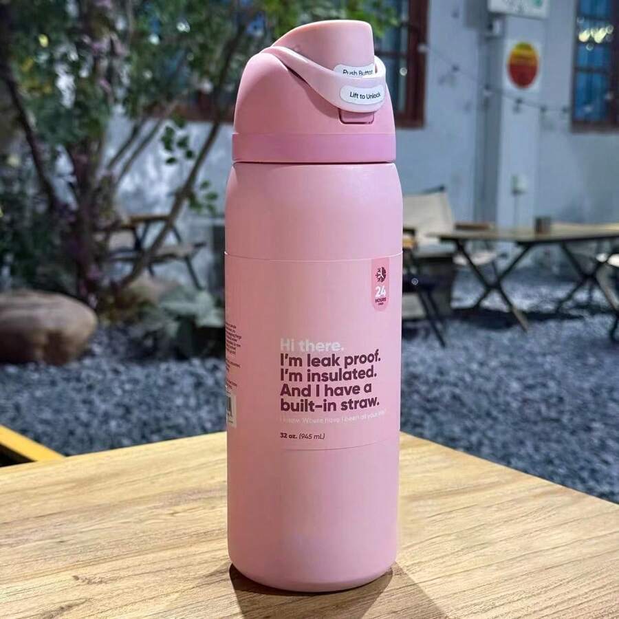 0wa Laa Pink Water Bottle 32 Oz, 945 Ml Insulated Bottle, Equipped With A Straw, Can Retain Heat For Up To 24h  (Whether For Hot Or Cold Drinks), Its Design Is Exquisite And The Craftsmanship Is Superb. It Is Suitable For Use In Camping, At Work, Indoors And Outdoors. - 珊瑚粉 - 查看 1