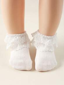 1 Pair Spring/Summer Girls' Socks, Candy Color Princess Style Fresh Double-Layer Lace Socks, Breathable Mesh Soft Short Socks, Fashion , Soft & Comfortable, Casual Versatile Suitable For Home, Outings, Dance Performances, Holidays, Back To School, Valentine's Day - White - View 12