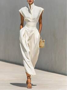 Womens Sleeveless Stand Collar High Waisted Wide Leg Jumpsuit With Pockets - 白色 - 查看 1