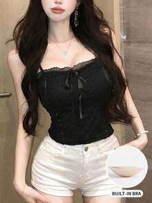 黑色蝴蝶结蕾丝边吊带背心，修身显瘦，春夏新款休闲款 - 黑色 - 查看 1