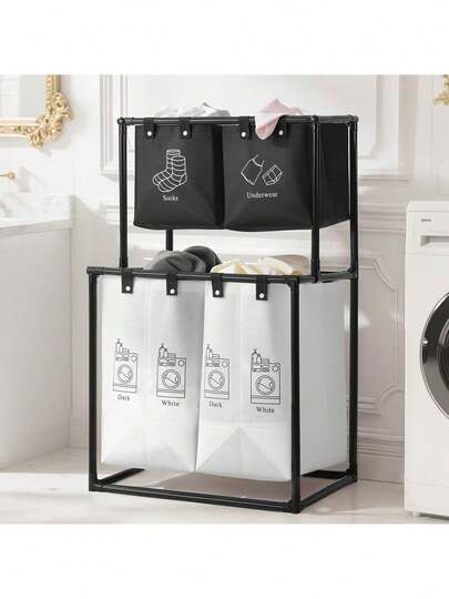 Senmeo 4-Bag 2-Tier Laundry Hamper (Canvas, Upgraded), Waterproof + Wheel-Equipped For Easy Movement
