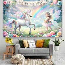 1pc Unicorn & Fairy Theme Birthday Party Banner, Made Of Polyester Fabric, Suitable For Birthday Party, Photography Backdrop, Indoor/Outdoor Decoration, Home Decor And Cake Table Background. High-Quality Printing - Suitable For All Seasons, Can Be Used To Create A Festive Atmosphere And Birthday Party Decoration, Ideal Gift For Party Planners, No Power Required, Can Be Used Indoors And Outdoors, Event Decoration - View 4