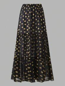 Nuevo conjunto de 2 piezas ajustado con estampado de lunares, conjunto de moda con falda maxi, adecuado para spa, playa, vacaciones en color negro - Negro - Ver 4