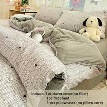 四件套床上用品，浅灰色亚麻圆点心形印花被套，舒适透气柔软的涤纶床上用品套装，温暖现代风格，适合房间装饰，四季皆宜，双色拼接少女风床上用品，包含1个被套（不含填充物）、1个床单、2个枕套（不含填充物） - 灰愛心 - 查看 4