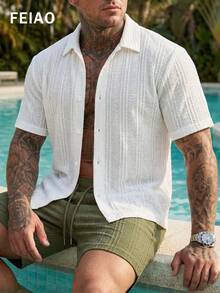FEIAO Men's Retro American Vintage Style Solid Color Textured Fabric Short Sleeve Shirt, Semi-Sheer Soft And Comfortable, Fashionable Elegant Design Suitable For Commuting, Casual And Holiday Wear - White - View 3
