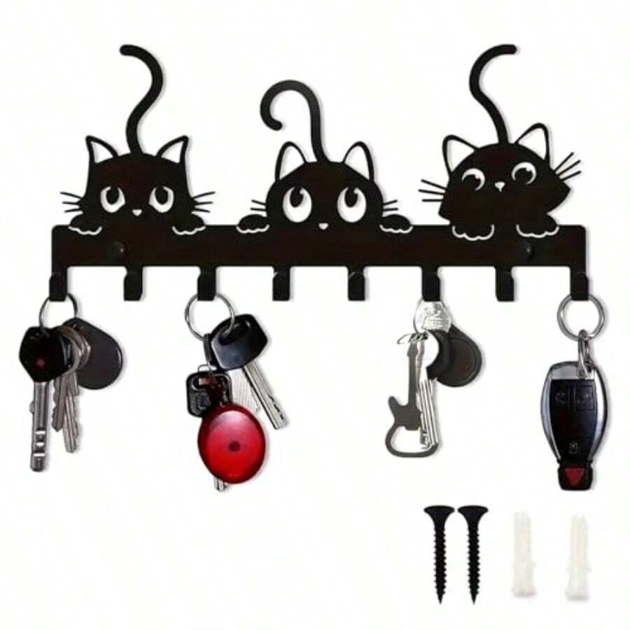 Wall Mounted Key Holder With 8 Hooks Cat Pattern Decorative Key Rack Keys Hook For Entryway And Home Organization Drill Keys Hanger For Front Door Office Or Hallway Deco Fvv - Black - View 1