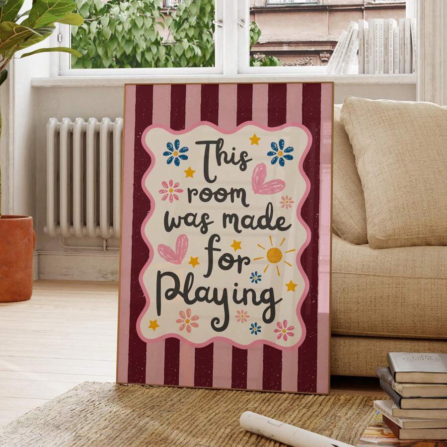 1pc This Room Is Designed For Play Wall Art Print On Canvas, Vintage Striped Poster, Colorful Home Decor Suitable For Bedroom, Game Room, Gift For New Parents And Kids, Unframed Or Framed - Text 2 - View 1