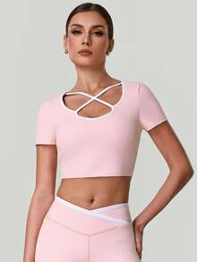 Women's Summer Color Block Low-Neck Crossover Straps Short-Sleeve Crop Top T-Shirt With Chest Pads For Yoga Pilates Fitness Running Sports - Pink - View 6
