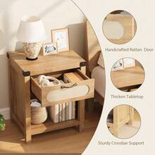 Beaully Rattan Night Stand Boho End Table With One Drawer And Open Shelf, Bedside Table For Living Room Bedroom, Mid-Century Modern Accent Furniture - Natural - View 4