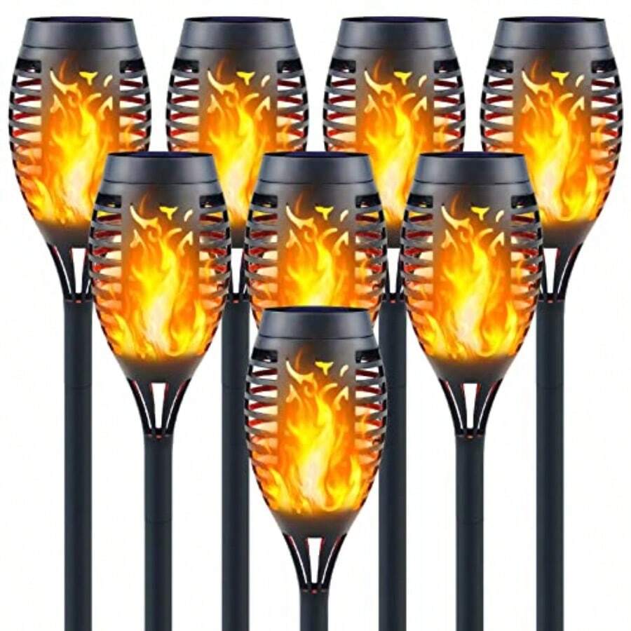 Solar Tiki Torches With Flickering Flame - 12LED Torch Lights Outdoor Waterproof, Perfect For Festival Decorations, Yard, Garden, Patio & Pathway Landscape Lighting (8 Pack) - trắng ấm - Xem 1