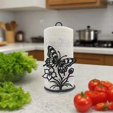 1pc Metal Butterfly & Floral Paper Towel Holder, Suitable For Kitchen, Home Office, Dining Table, Bathroom, Farmhouse Style, No Installation Required Paper Roll Rack - Black - View 1