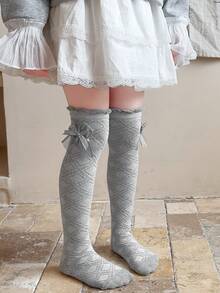 1 Par/4 Pares de Calcetines por encima de la rodilla para niñas, estilo escolar con diseño de cuadros, flores y lazos para primavera/verano - Multicolor - Ver 12