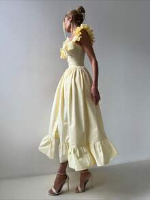 Women's Elegant Striped Ruffle Trim Dress Office Work Midi Dress With Unique Neck & Cuff Design - Yellow - View 1