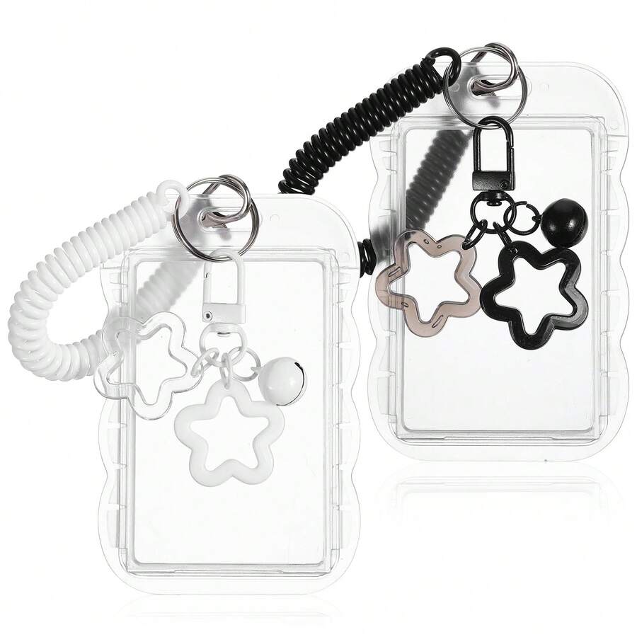 1 pieza Llavero con portafoto, Llavero con portafoto transparente de onda estrellada, Protector de tarjeta de foto creativo para tarjetas de identificación, de estudiante, etc. - Tarjetero transparente ondulado + cordón de resorte - Ver 1