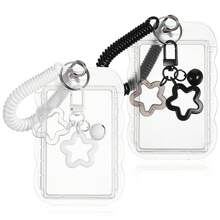 1 pieza Llavero con portafoto, Llavero con portafoto transparente de onda estrellada, Protector de tarjeta de foto creativo para tarjetas de identificación, de estudiante, etc. - Tarjetero transparente ondulado + cordón de resorte - Ver 8