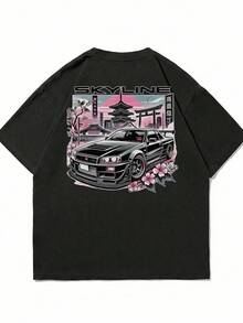 Fractyr Men's Fashionable Printed Loose Short Sleeve T-Shirt | Exquisite Design | Racing Car & Cherry Blossom Print | Summer Essential | Easy To Match, Showcase Your Style - Black - View 3