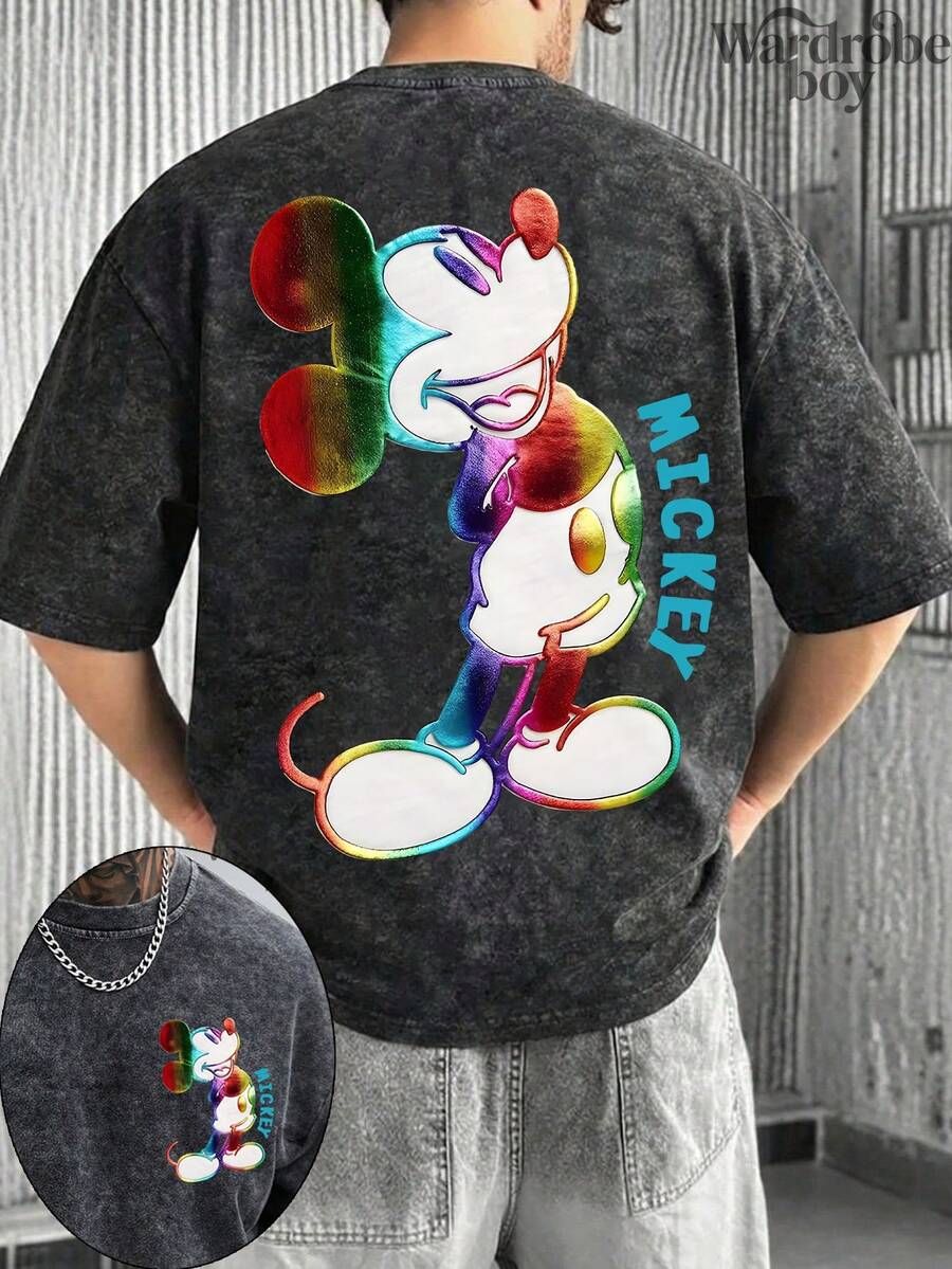 Disney Printed Wash Water T-Shirt,Disney Colorful Mickey Print Short-Sleeve T-Shirt,Unisex,High-Quality Pure Cotton T-Shirt,Suitable For All Seasons, Comfortable And Breathable| Exquisite Design | The Best Choice For Giving Gifts - 黑色 - 查看 1