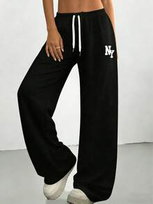 Women's Black Loose Pants With Contrast Color NY Letter Print, Drawstring Waist, Flattering And Slimming, Suitable For Daily, Commute, And Weekend Wear Spring Sports - Black - View 4