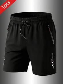 1pc Plus Size Men's Summer Quick-Dry Breathable Comfortable 4-Way Stretch Exercise Running Fitness Shorts Black - Black - View 2