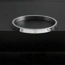 1/3pcs Set Stainless Steel 18K Gold Plated Diamond Heart Bangle, 14K Gold Copper Zirconia Open Cuff Bracelet, Fashion Women Daily Wear Holiday Gift Set - Silver - View 8