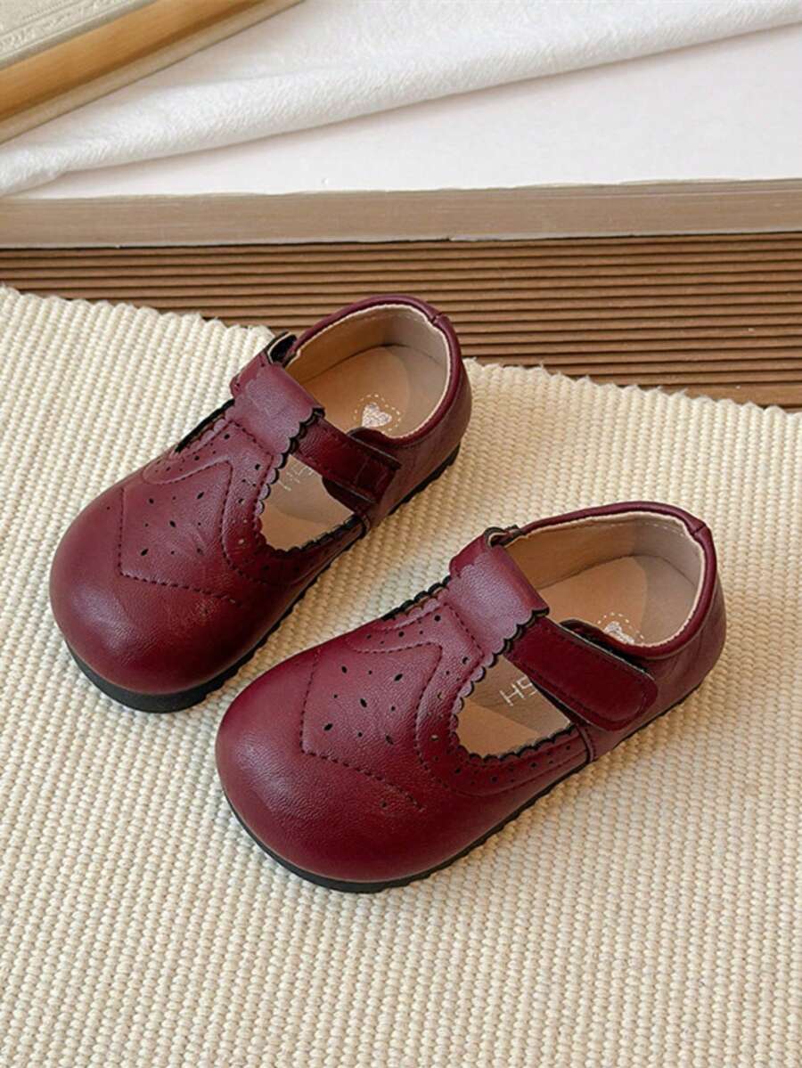 2026 New 1 Pair Children Princess Shoes, Spring/Autumn New Girls Baby Soft Bottom Closed Toe Shoes, Hook And Loop, Korean Style Flat Shoes - Burgundy - View 1