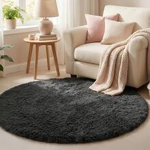 1pc Soft Black Faux Fur Round Decorative Carpet, Fashionable Home Decor, Plush Skin-Friendly Material, Fluffy & Thick, Non-Slip Bottom, Low Shedding, Easy Care, Durable Carpet Suitable For Bedroom, Living Room, Hallway, Study, Dressing Room, Balcony, Office, Etc. - Black - View 4