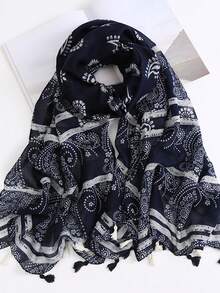 1件装女士时尚腰果花条纹波西米亚风藏蓝色轻薄流苏围巾/头巾，适合约会、日常穿着、派对、旅行、海滩装扮 - 彩色 - 查看 5