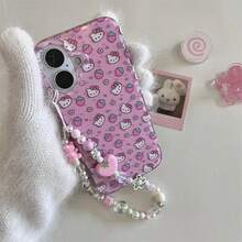 SANRIO Cute Strawberry Cartoon Hello Kitty Bling Glitte Phone Case For 11 12 13 14 15 16 17 Pro Max 3D Flower KT Wrist Strap Protect Cover - 唯一情況 - 查看 6
