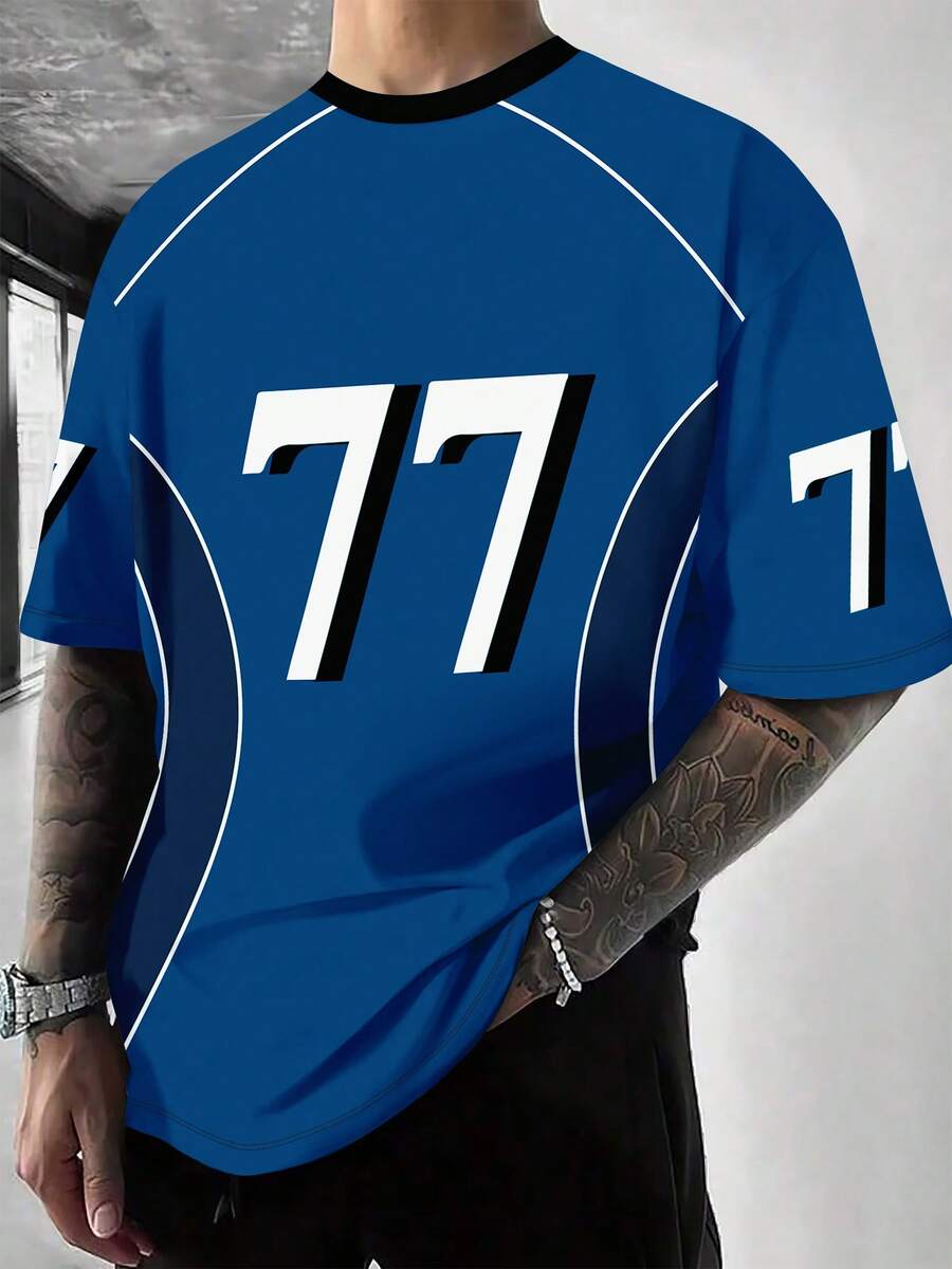Men's Casual Loose Fit Drop Shoulder Short Sleeve T-Shirt - Blue - View 1