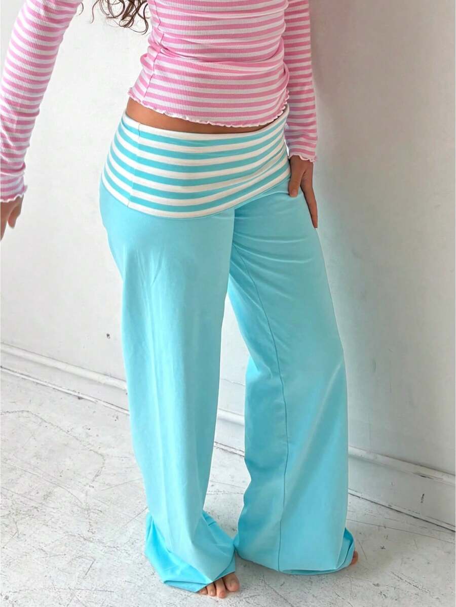 Women's Y2K Striped Wide-Leg Pants - Fold-Over Waist Casual Lounge Trousers - Retro Sweet Streetwear Pants - 藍色 - 查看 1