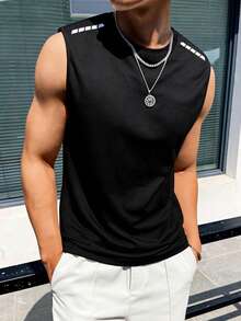Early Spring/Autumn Release Men's Sleeveless Fitness Vest, Breathable Fabric, Round Neck, Slim Fit, White Stripe Decor, Minimalist Sports Style, Suitable For Gym Training And Daily Wear, Spring/Summer - Black - View 2