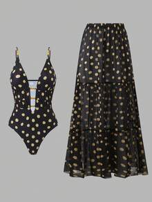 Nuevo conjunto de 2 piezas ajustado con estampado de lunares, conjunto de moda con falda maxi, adecuado para spa, playa, vacaciones en color negro - Negro - Ver 6