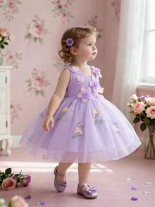 Baby Girls V-Neck 3D Floral Embroidered Mesh Princess Dress, Suitable For Birthday Party, Flower Girl, Wedding, Excluding Headband - 淡紫色 - 查看 5