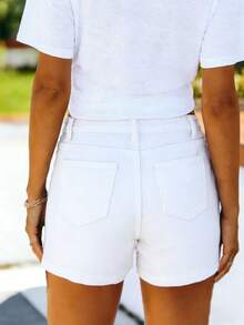 Women's Casual Denim Shorts, With Button Split And Pockets, Straight Leg Style, Distressed Design - White - View 3