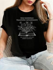 Tortured Teachers Department Camiseta de algodón 100% femenino camiseta Casual 220g Funny Graphic Short Sleeve 1 PCS Tee Novelty Crew Neck Oversized Top - Negro - Ver 1