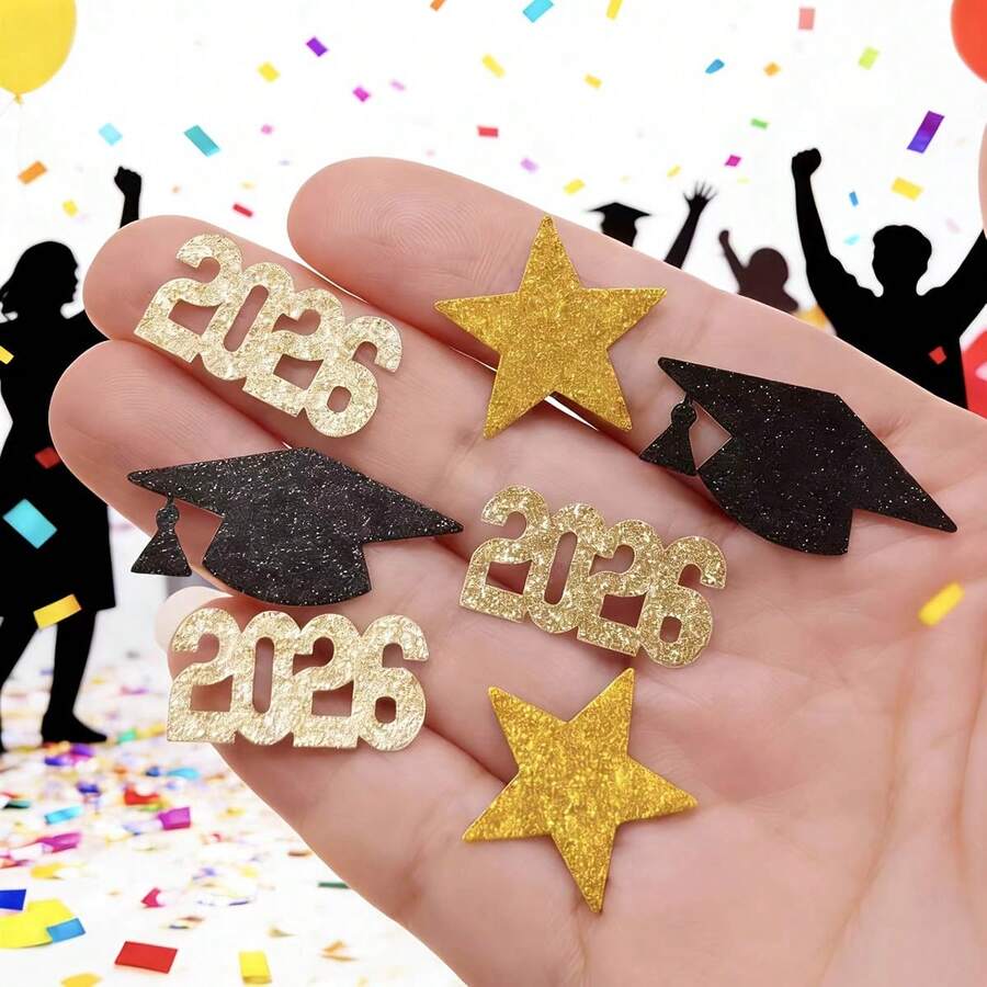 200 peças de Confete para Decorações de Festa da Temporada de Formatura, Chapéu de Doutor 2026 Estrela 3 Estilos Mistos, Adequado para Decoração de Mesa da Temporada de Formatura, Decoração de Evento e Festa - Visão 1