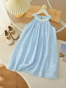 Girls Sleeveless Midi Dress With Floral Embroidery & Sequins, Fashionable & Breathable For Summer Vacation - Baby Blue - View 3