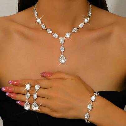 时尚婚礼立方氧化锆水滴耳环、项链和手链套装