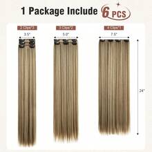 FLUFYMOOZ 6PC Extensiones de Cabello con Clip, juego de 6 extensiones de cabello con clip, 61, lisas, largas, extensiones para mujeres, postizo sintético (Marrón con reflejos rubios) - Negro - Ver 8